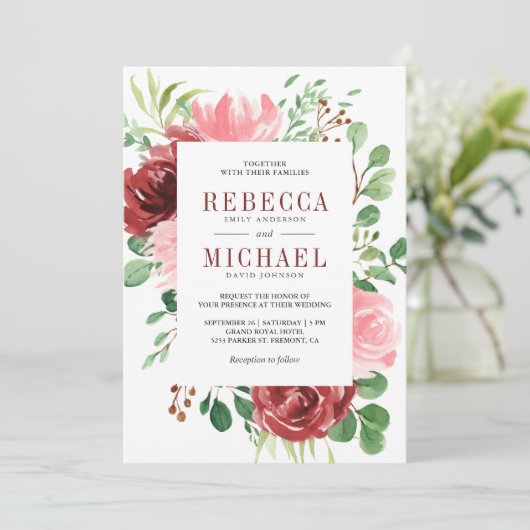 Blush Roze Bourgondische Bloemen Alles in één brui Kaart (Staand voorkant)