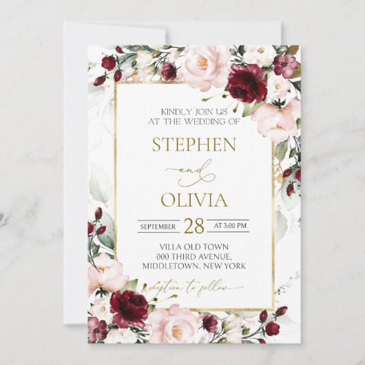 Blush Roze BOURGONDISCHE bruiloft uitnodiging Sjab (Voorkant)