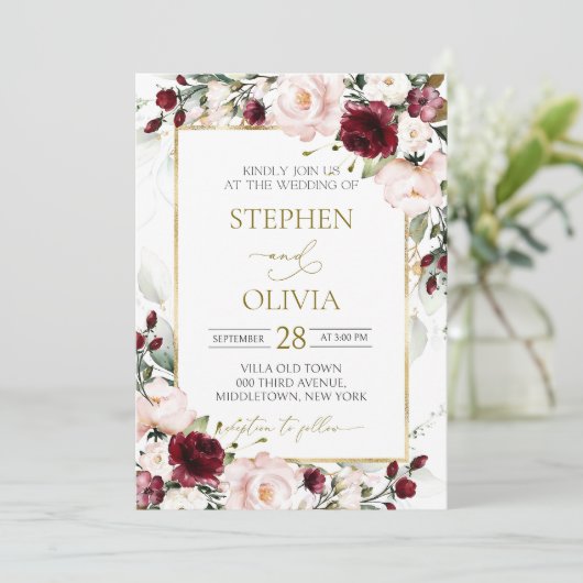 Blush Roze BOURGONDISCHE bruiloft uitnodiging Sjab (Staand voorkant)