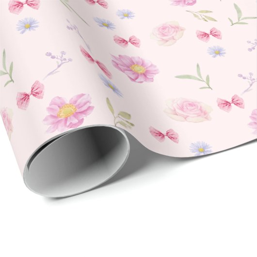 Blush Roze Bow Bloemen Meisje Verjaardagscadeau Cadeaupapier (Rol Hoek)