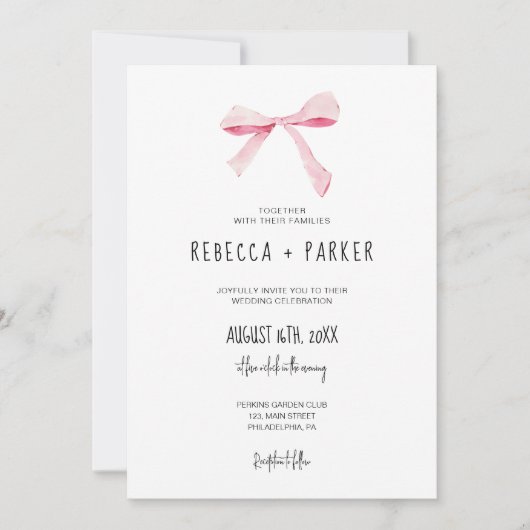 Blush roze Bow bloemenbruiloft foto en Qr code Kaart (Voorkant)