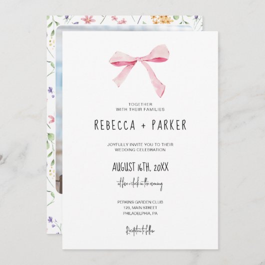 Blush roze Bow bloemenbruiloft foto en Qr code Kaart (Voorkant / Achterkant)