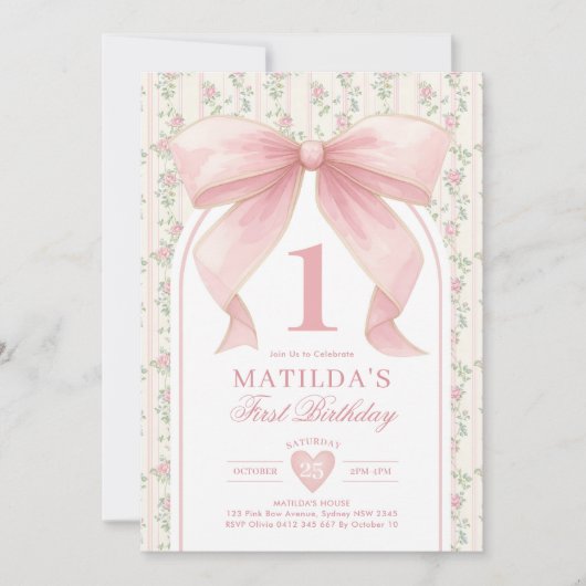  Blush Roze Bow Coquette 1e Verjaardag Kaart (Voorkant)