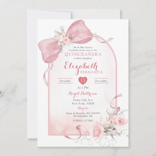 Blush Roze Bow Coquette Lint Boog Arch Quinceanera Kaart (Voorkant)