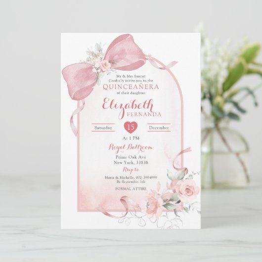 Blush Roze Bow Coquette Lint Boog Arch Quinceanera Kaart (Staand voorkant)
