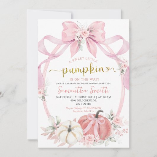 Blush Roze Bow Coquette Pompoen Meisje Baby shower Kaart (Voorkant)