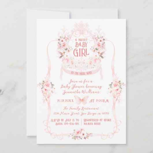 Blush Roze Bow & Floral Sweet Baby Meisje Douche Kaart (Voorkant)