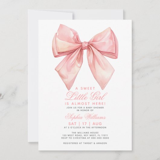Blush Roze Bow Kleine Meisje Baby shower Invitatio Kaart (Voorkant)