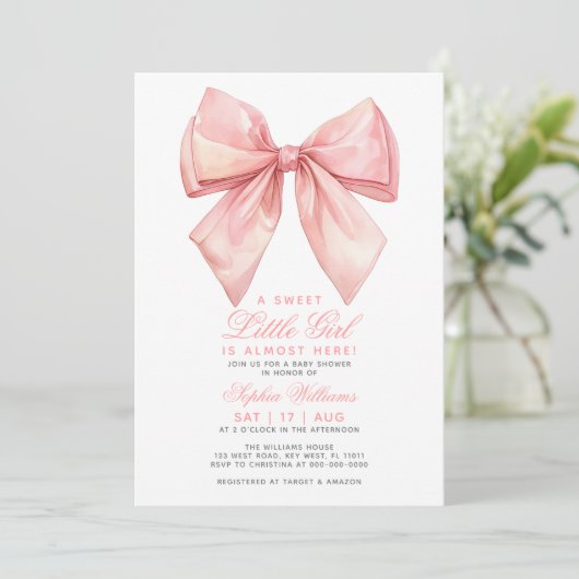 Blush Roze Bow Kleine Meisje Baby shower Invitatio Kaart (Staand voorkant)