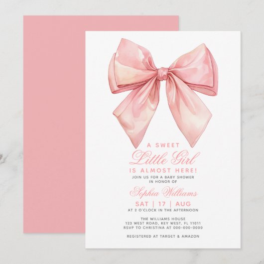 Blush Roze Bow Kleine Meisje Baby shower Invitatio Kaart (Voorkant / Achterkant)