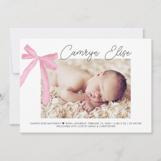 Blush Roze Bow Ribbon Baby Meisje Handtekening & F Bedankkaart (Voorkant)