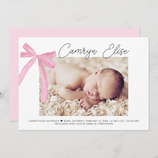 Blush Roze Bow Ribbon Baby Meisje Handtekening & F Bedankkaart (Voorkant / Achterkant)