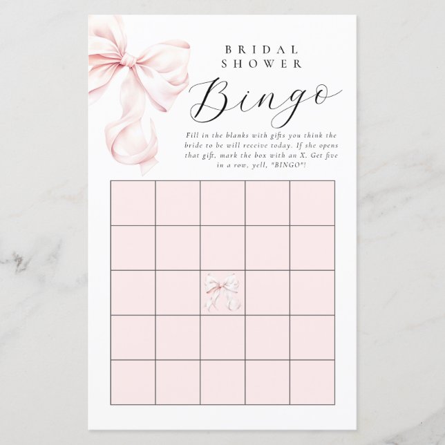 Blush Roze Bow Vrijgezellenfeest Gift Bingo Kaart (Voorkant)