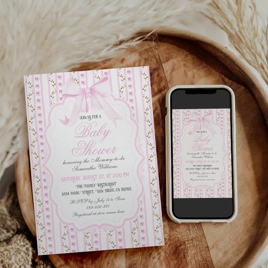 Blush Roze Bows Bloemen Elegant Meisje Baby shower Kaart