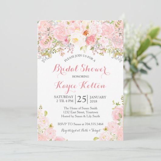 Blush roze bruids douche uitnodiging (Staand voorkant)