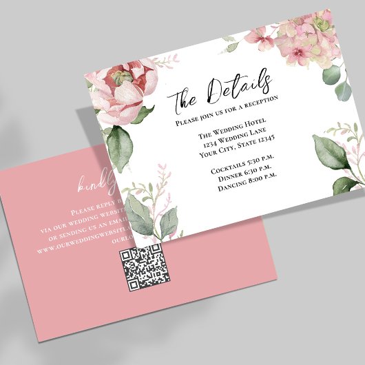Blush roze bruiloft details Bloemen Informatiekaartje