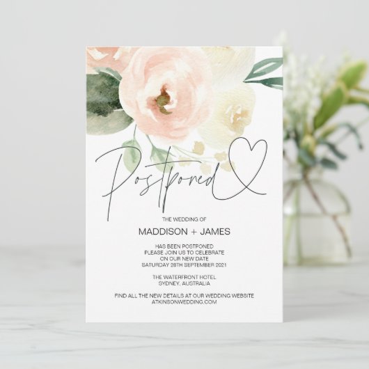 Blush roze bruiloft uitgesteld Verander de datum Kaart (Staand voorkant)