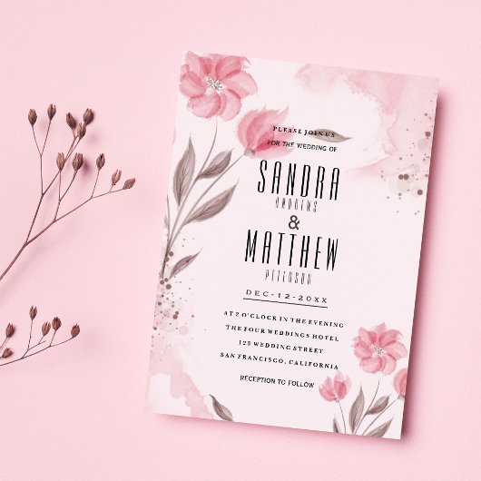 Blush roze bruin waterverf bloemen bruiloft kaart