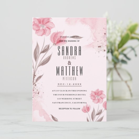 Blush roze bruin waterverf bloemen bruiloft kaart (Staand voorkant)
