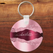 Blush roze bruine metaal met geslepen marmernaam sleutelhanger (Voorkant)