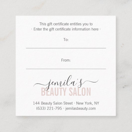 Blush roze cadeaubon schoonheidssalon script kortingskaartje (Achterkant)