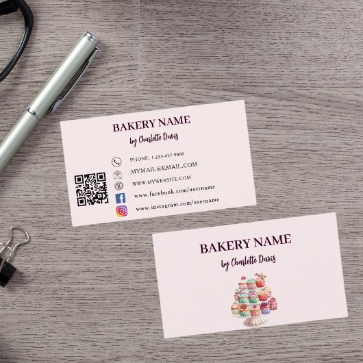 Blush roze cake gebak cupcakes bakkerij QR code Visitekaartje
