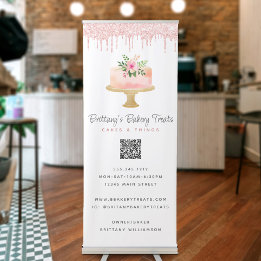 Blush Roze Cake Glitter Drips QR Code Bakkerij Caf Roll-up Banner