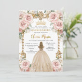 Blush Roze Champagne Floral Quinceañera Kaart (Staand voorkant)