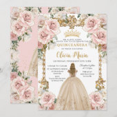 Blush Roze Champagne Floral Quinceañera Kaart (Voorkant / Achterkant)