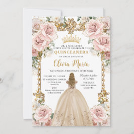 Blush Roze Champagne Floral Quinceañera Kaart