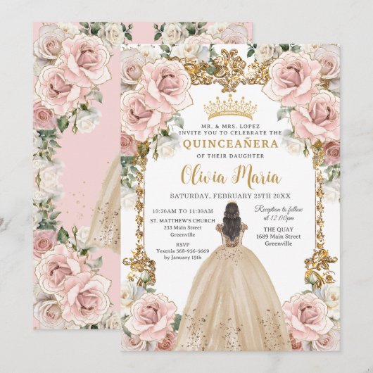 Blush Roze Champagne Floral Quinceañera Kaart (Voorkant / Achterkant)
