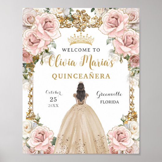  Blush Roze Champagne Floral Quinceañera Poster (Voorkant)
