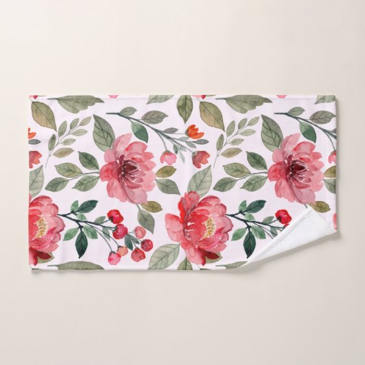 Blush roze Cherry Red Floral Pattern Bad Handdoek (Handdoek)
