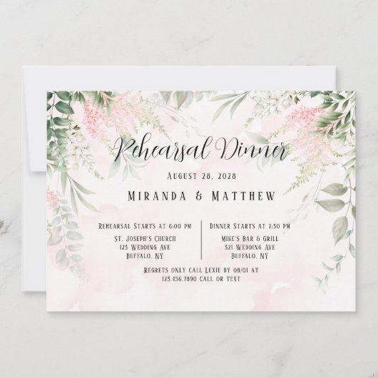 Blush Roze Chic Florals Greenery Rehearsal Dinner Kaart (Voorkant)