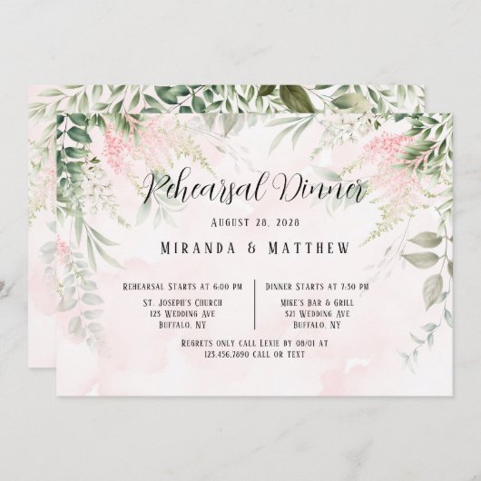Blush Roze Chic Florals Greenery Rehearsal Dinner Kaart (Voorkant / Achterkant)