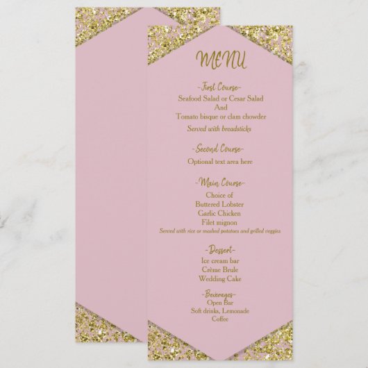 Blush roze chic Gold Glitter Flakes Glam Weddensch Menu (Voorkant / Achterkant)