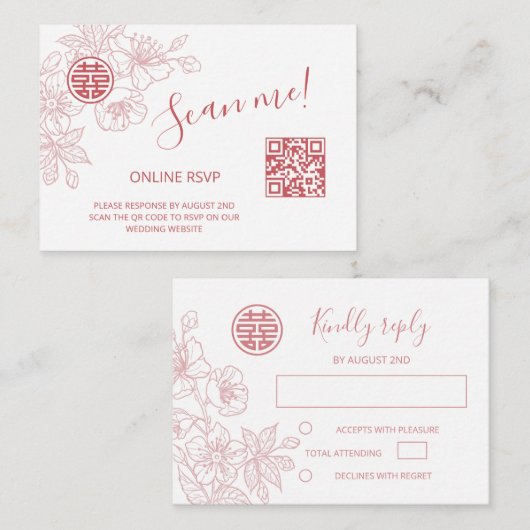 Blush Roze Chinese Bruiloft QR Code RSVP Online Informatiekaartje (Voorkant / Achterkant)