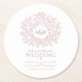 Blush roze cirkel blad tekening monogram bruiloft ronde kartonnen onderzetter (Voorkant)