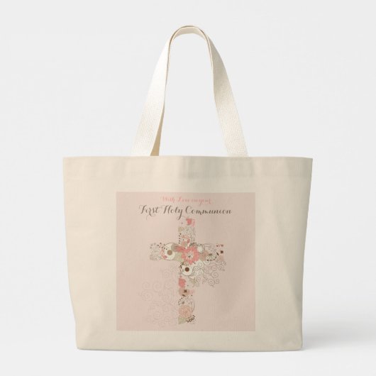 Blush roze Communion Floral Cross Canvas tas (Achterkant)