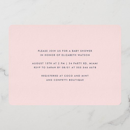 Blush roze Confetti Baby shower Laten we vieren Folie Uitnodiging (Achterkant)