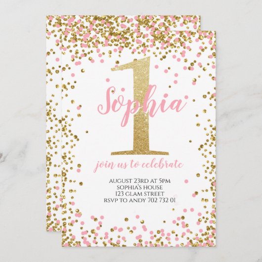 Blush roze Confetti meisje eerste verjaardag goud Kaart (Voorkant / Achterkant)