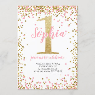 Blush roze Confetti meisje eerste verjaardag goud Kaart