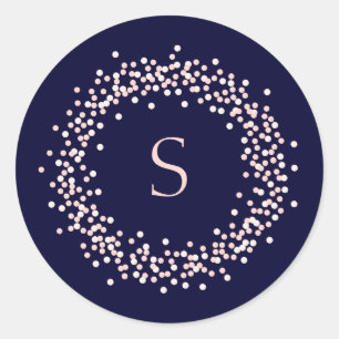 Blush Roze Confetti op Navy Blue   Monogram Ronde Sticker