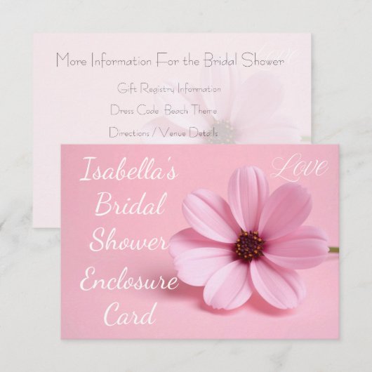 Blush Roze Cosmos Bloemrijke Script Bruidsuitnodig Informatiekaartje (Voorkant / Achterkant)