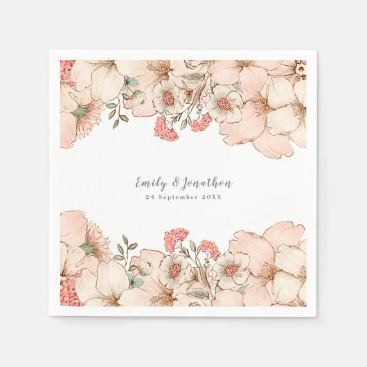 Blush Roze Cream Bloem Naam Datum Bruiloft Servet (Voorkant)