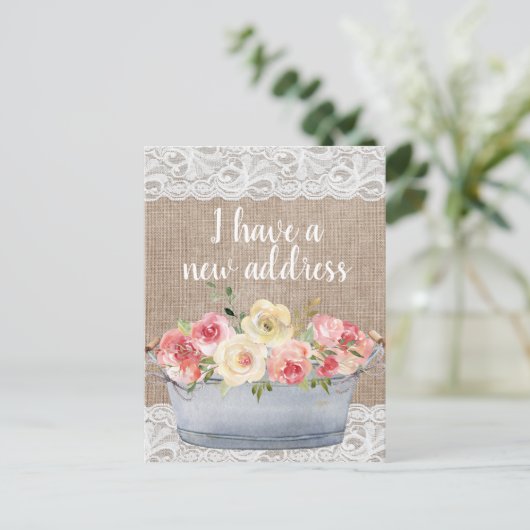 Blush Roze Cream Flowers Metal Pot Change Address Briefkaart (Staand voorkant)