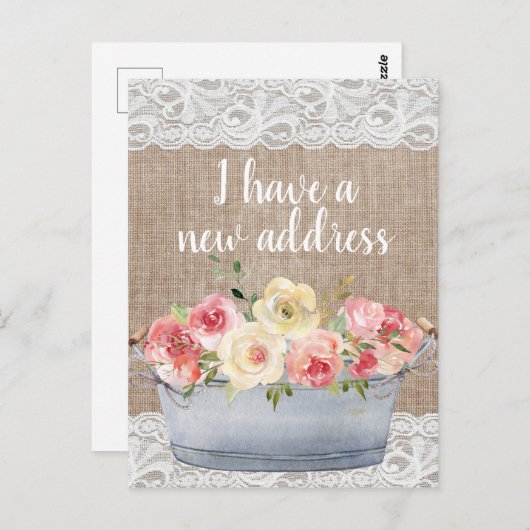 Blush Roze Cream Flowers Metal Pot Change Address Briefkaart (Voorkant / Achterkant)