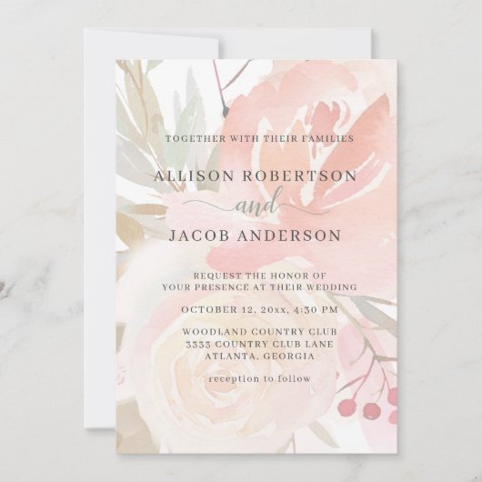 Blush Roze Cream Perzik Sage Groene Bruiloft Kaart (Voorkant)