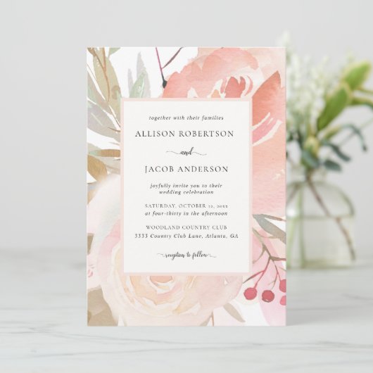 Blush Roze Cream Perzik Sage Groene Bruiloft Kaart (Staand voorkant)