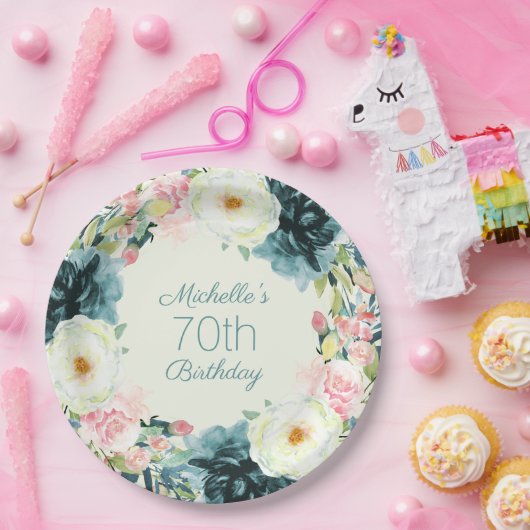  Blush roze crème Blauwgroen 70e verjaardag Papieren Bordje (Feest)